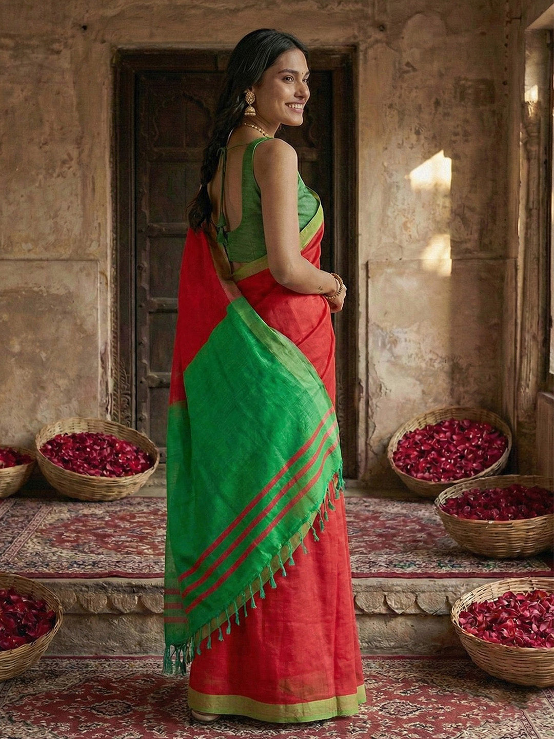 Sutriti red & green tissue silk contrast pallu border wedding saree classic festive collection