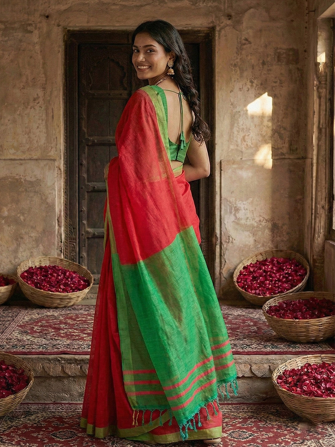 Sutriti red & green tissue silk contrast pallu border wedding saree classic festive collection