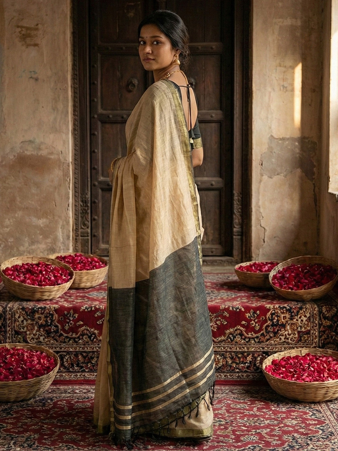 Sutriti Beige & Black Woven Design Linen Blend Saree