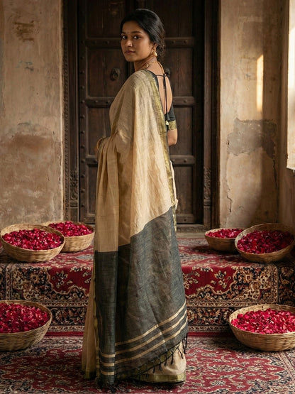 Sutriti Beige & Black Woven Design Linen Blend Saree