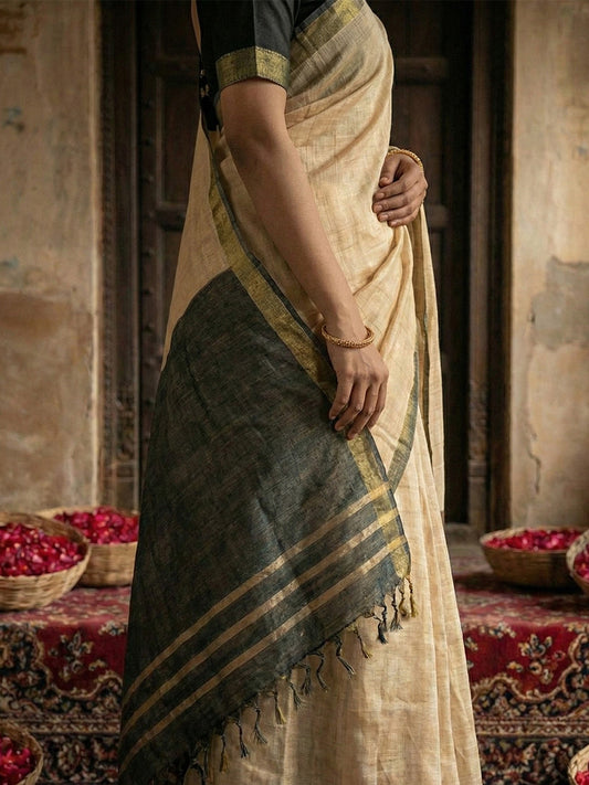 Sutriti Beige & Black Woven Design Linen Blend Saree
