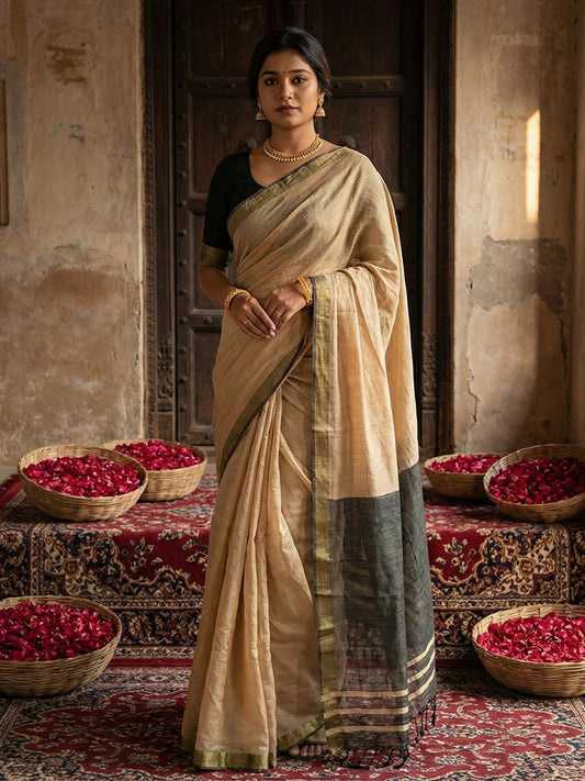 Sutriti Beige & Black Woven Design Linen Blend Saree