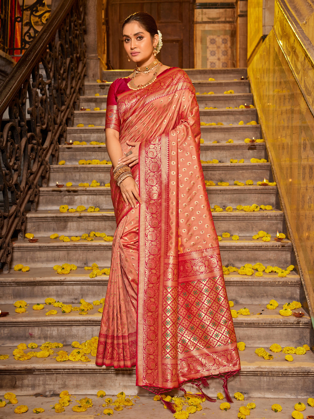 Sutriti Majestic Peach Kanjivaram Silk Saree | Bridal Heritage Collection | Limited Edition