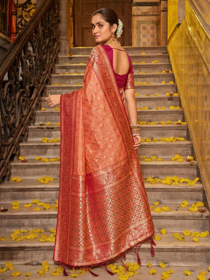 Sutriti Majestic Peach Kanjivaram Silk Saree | Bridal Heritage Collection | Limited Edition
