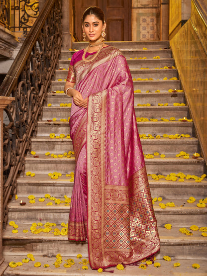 Rani pink zari woven saree for women with rich zari border and heavy pallu for wedding wear
