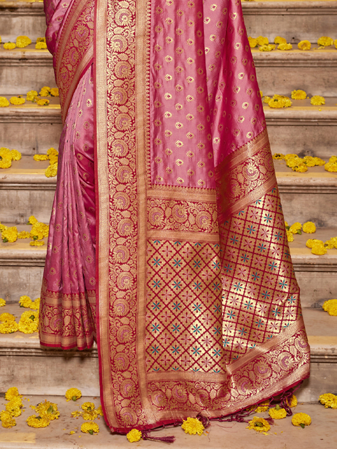 Rani pink zari woven saree for women with rich zari border and heavy pallu for wedding wear