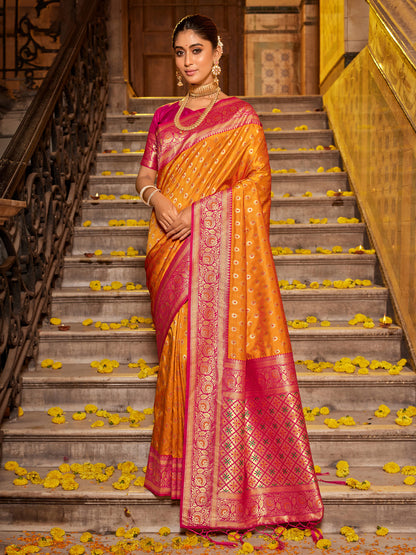 Mustard yellow zari woven saree for women with magenta contrast border and rich pallu for haldi festive wear