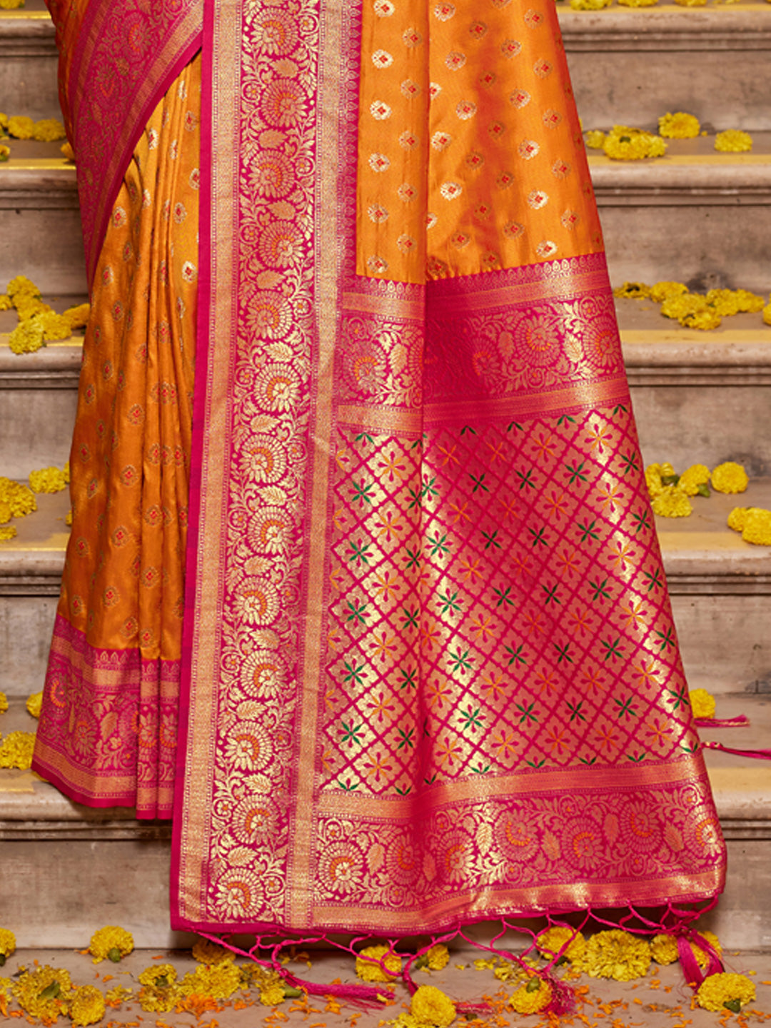 Mustard yellow zari woven saree for women with magenta contrast border and rich pallu for haldi festive wear