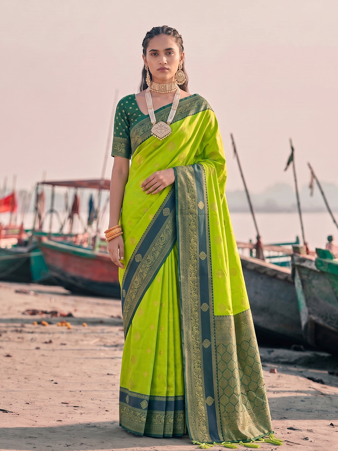 Sutriti Exclusive Mehendi Green Banarasi Silk Saree for Women Festive Wedding Wear
