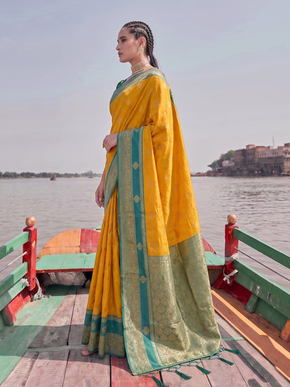 Sutriti Elegant Mustard Banarasi Silk Saree for Women Festive Wedding Party Wear