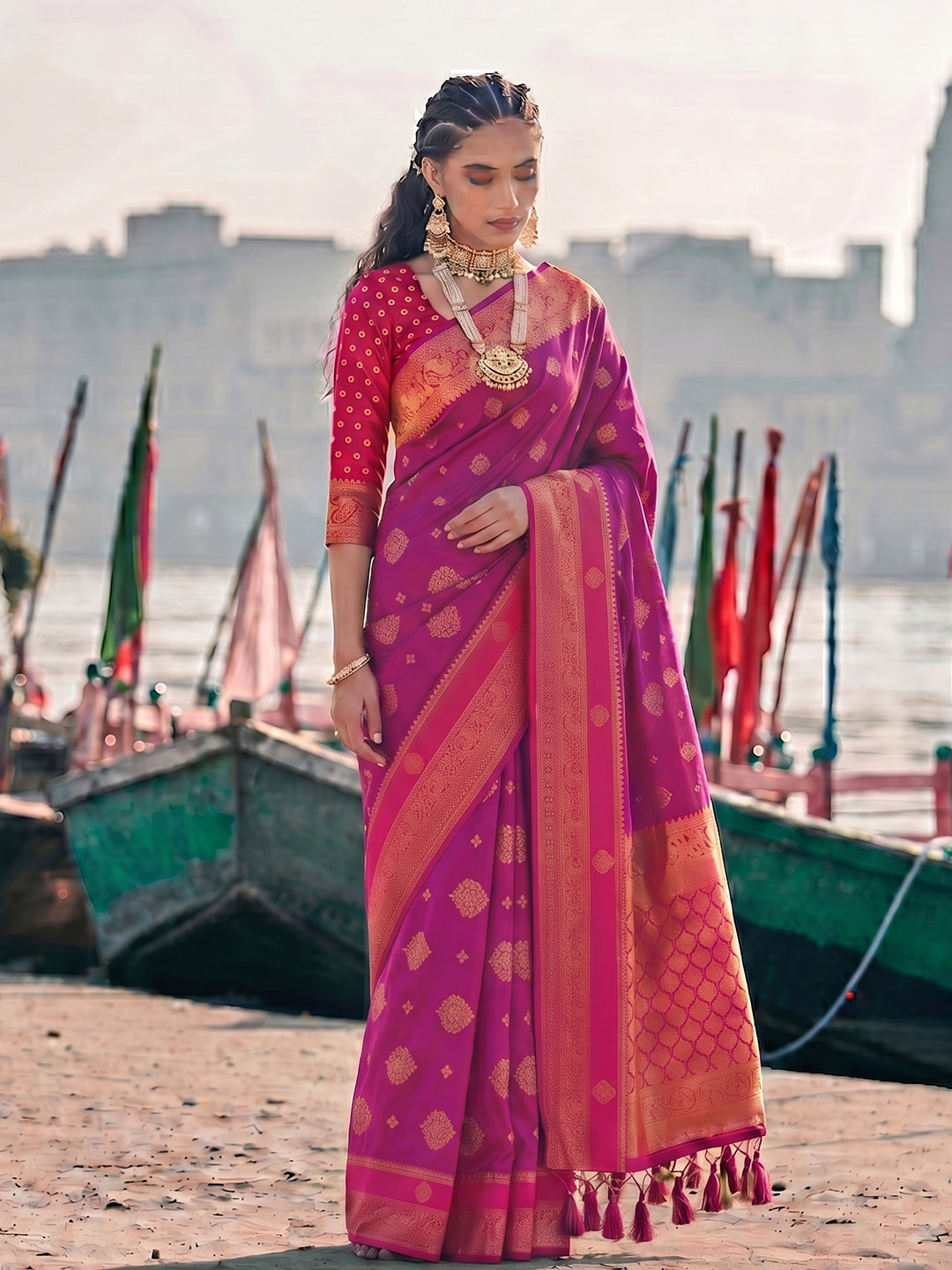 Sutriti Exclusive Rani Pink Banarasi Silk Saree for Women Festive Wedding Traditional Wear